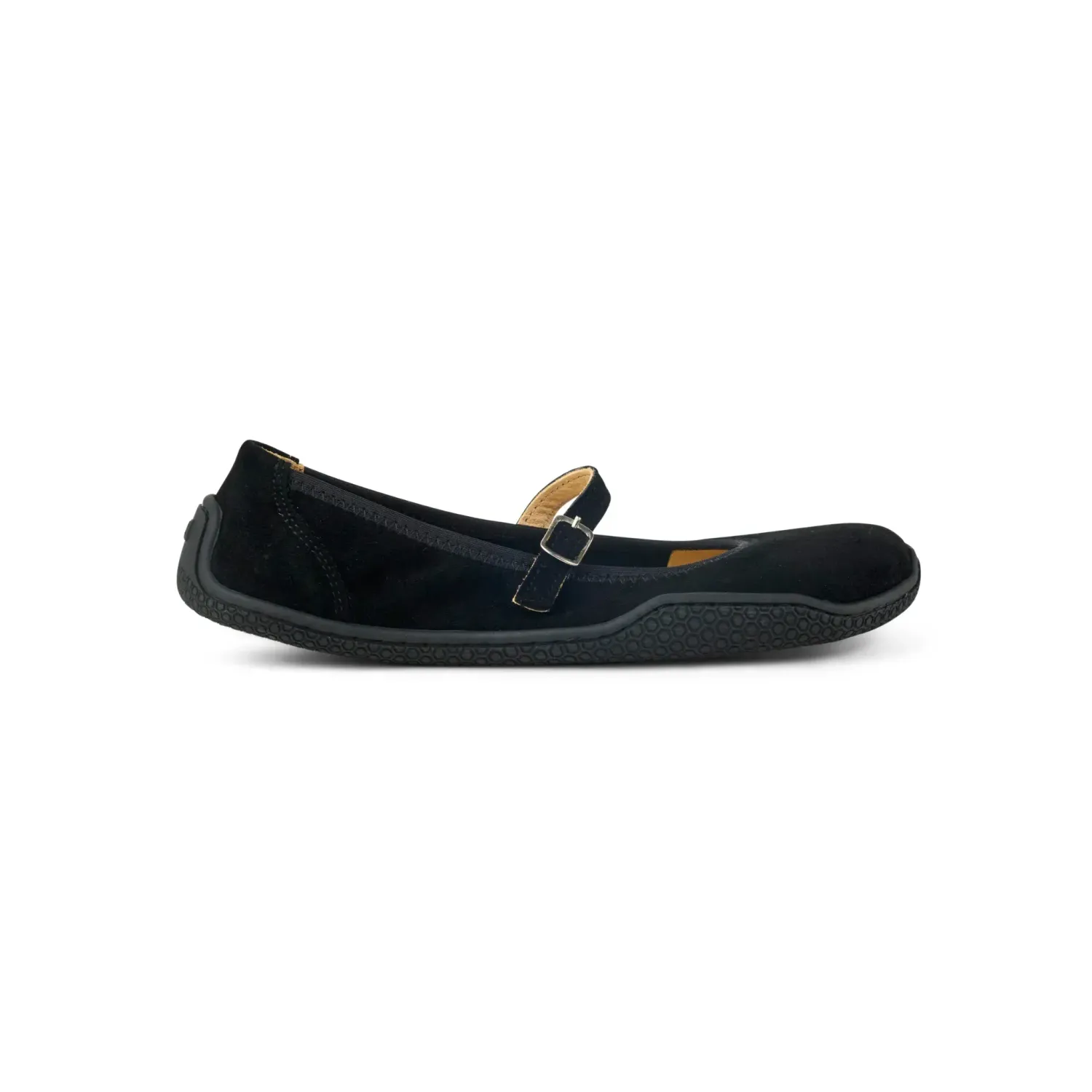 KOEL Valeria II Suede Black Barfuß-Ballerina aus schwarzem Veloursleder mit flexiblem Riemen und natürlicher Zehenform.