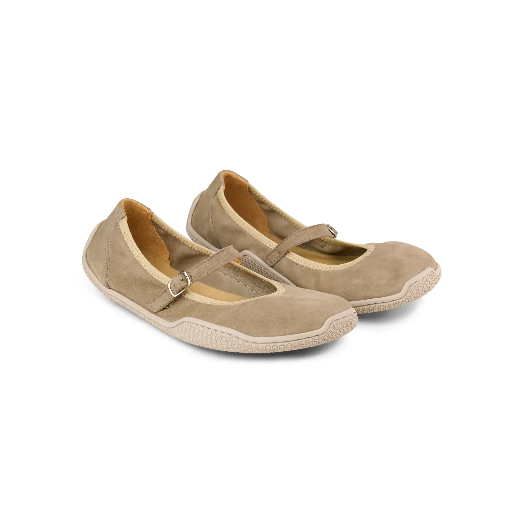 OEL Valeria II Suede Taupe Barfuß-Ballerina aus taupefarbenem Veloursleder mit flexiblem Riemen und natürlicher Zehenform