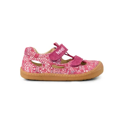 KOEL Deen Fantasy Fuchsia Kinder-Barfußsandale Seitenansicht mit flexibler Naturgummisohle und Klettverschluss