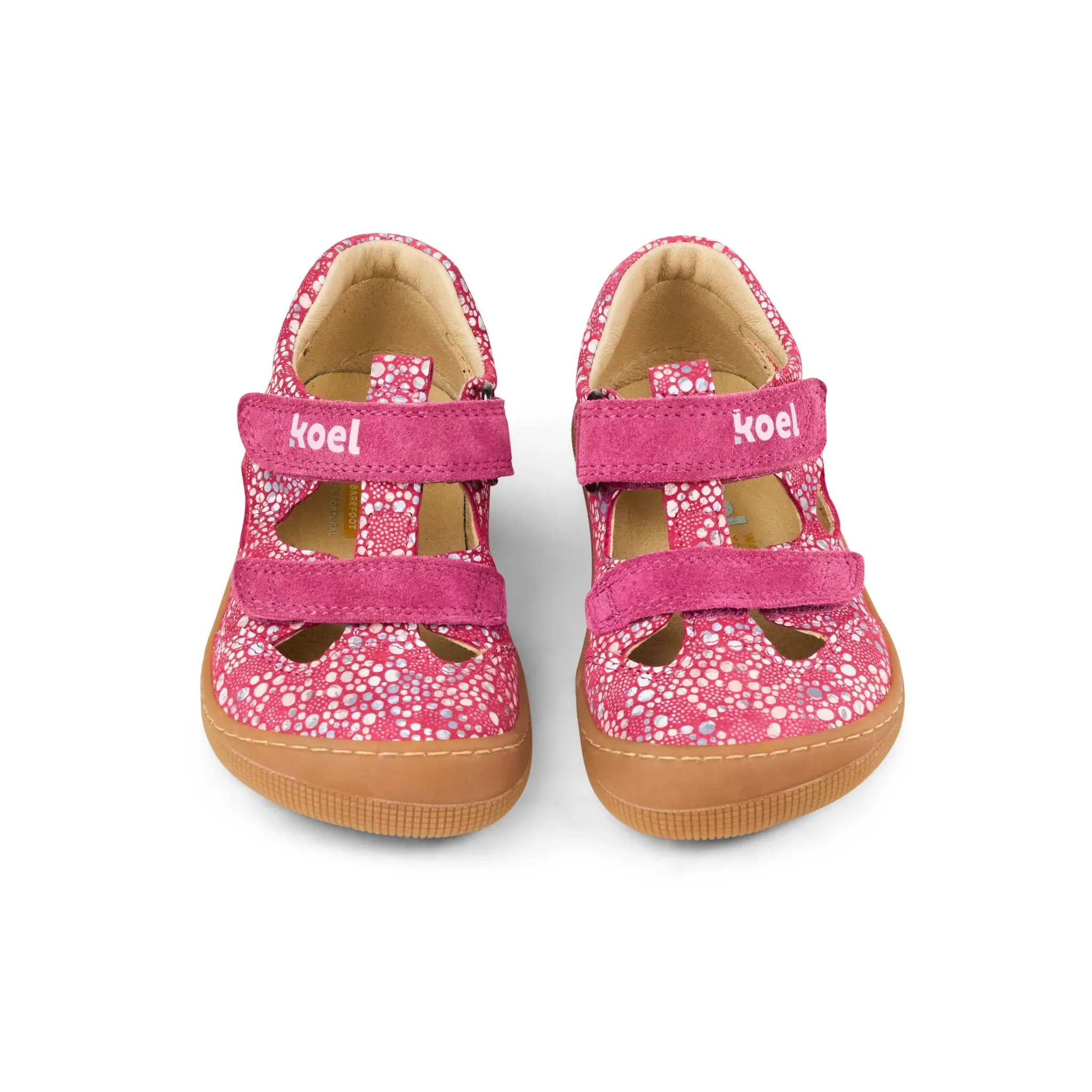 KOEL Deen Fantasy Fuchsia Kinder-Barfußsandale Seitenansicht mit flexibler Naturgummisohle und Klettverschluss