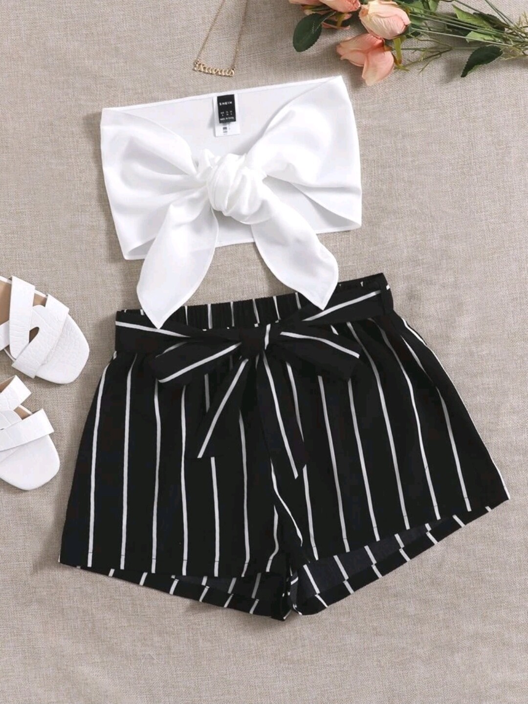 Tie Front crop Tube Top &amp; Striped Belted shorts set