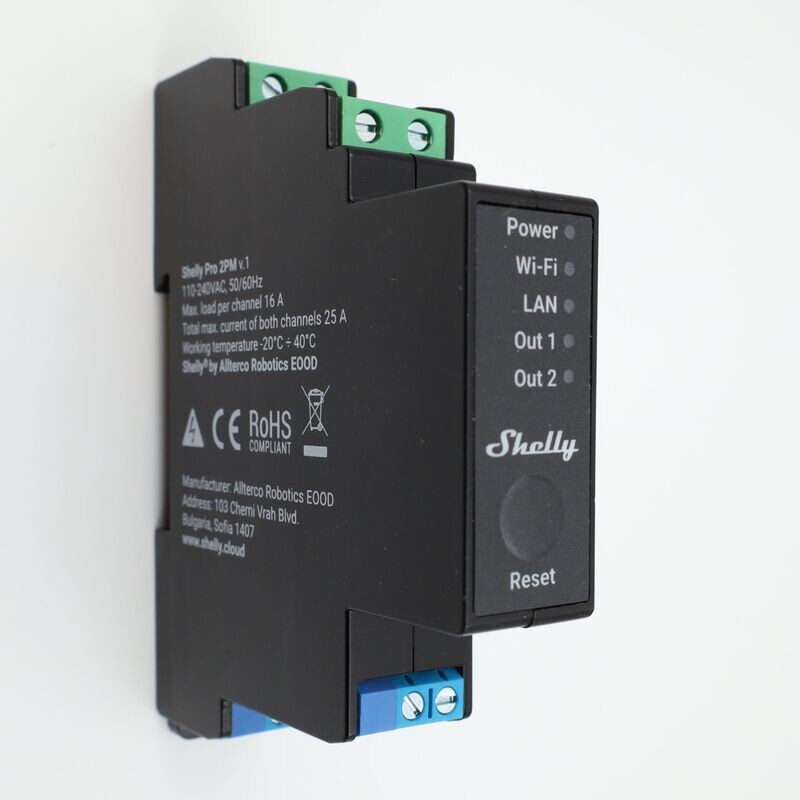 Shelly Pro 2PM V1 - 2x16A (25A) mittaava ja ohjelmoitava WiFi / Ethernet-rele DIN-kiskoon