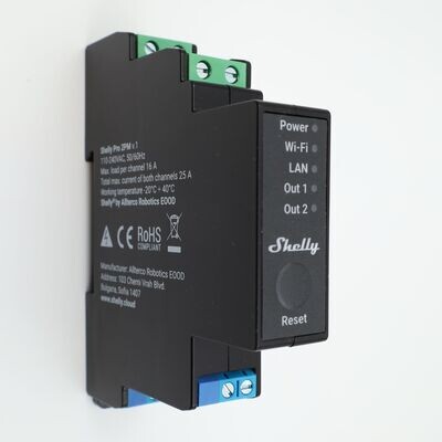 Shelly Pro 2 PM V1 - 2x16A (25A) mittaava ja ohjelmoitava WiFi / Ethernet-rele DIN-kiskoon