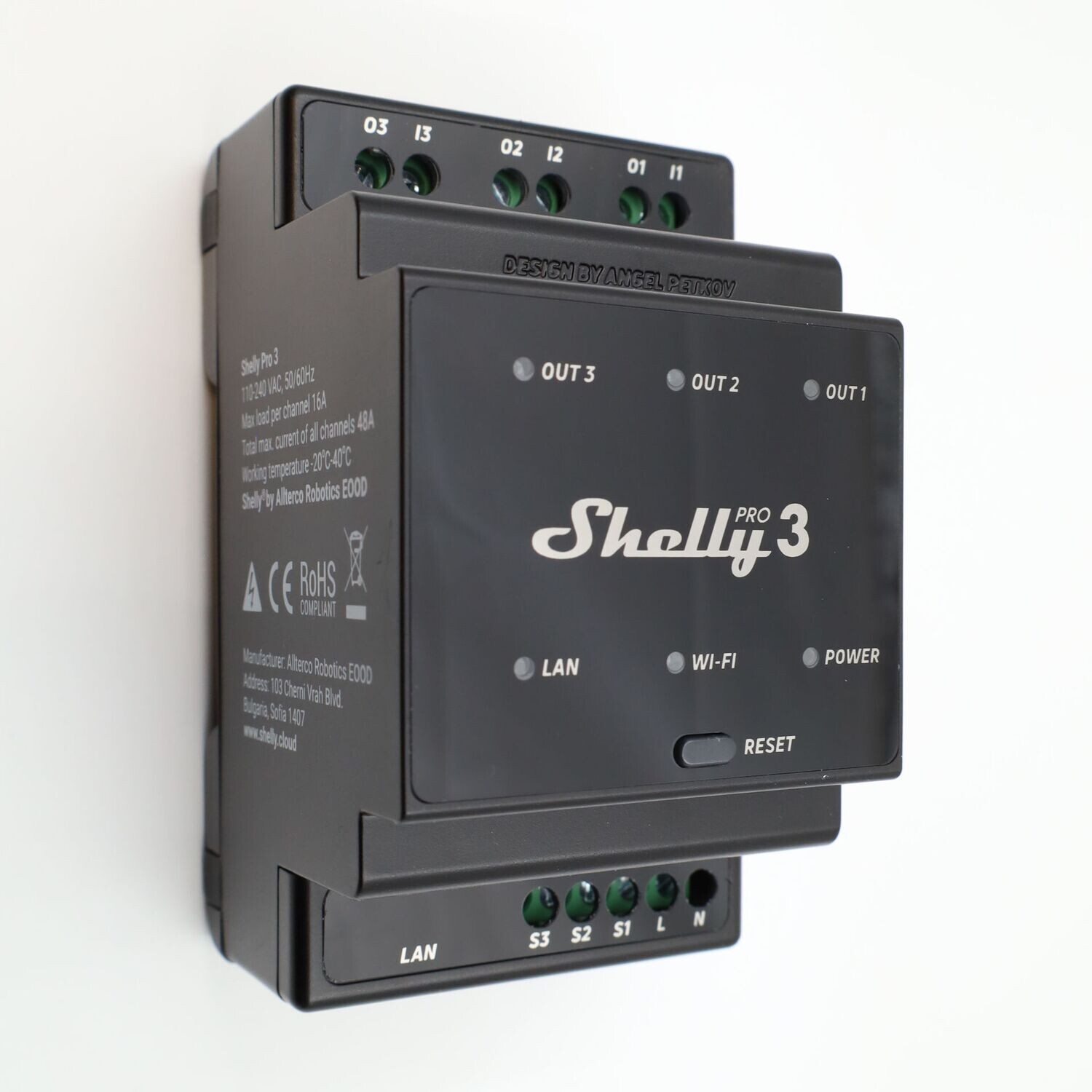 Shelly Pro 3 - 3x16A (48A) skriptattava WiFi/Ethernet/Bluetooth-rele DIN-kiskoon