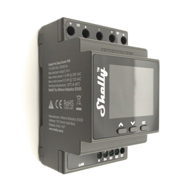 Shelly Pro Dual Cover / Shutter PM - 2x2x16A mittaava &amp; ohjelmoitava WiFi / Ethernet-verho-ohjain DIN-kiskoon