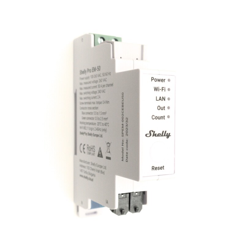Shelly Pro EM - 2x50A ohjelmoitava 1-vaihe WiFi / Ethernet -energiamittari kontaktoriohjauksella DIN-kiskoon