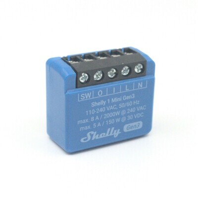 Shelly 1 Mini Gen3 - 8A ohjelmoitava potentiaalivapaa Wifi-rele rasiaan