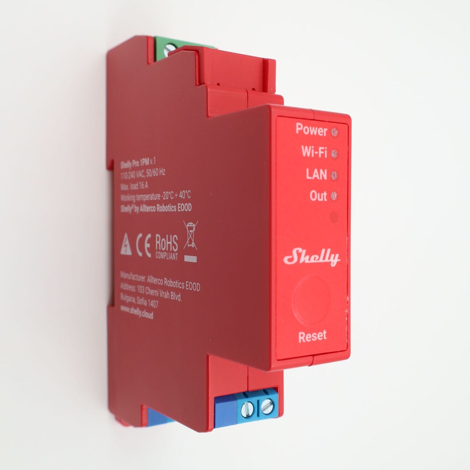 Shelly Pro 1 PM - 16A energiaa mittaava & ohjelmoitava WiFi / Ethernet-rele DIN-kiskoon