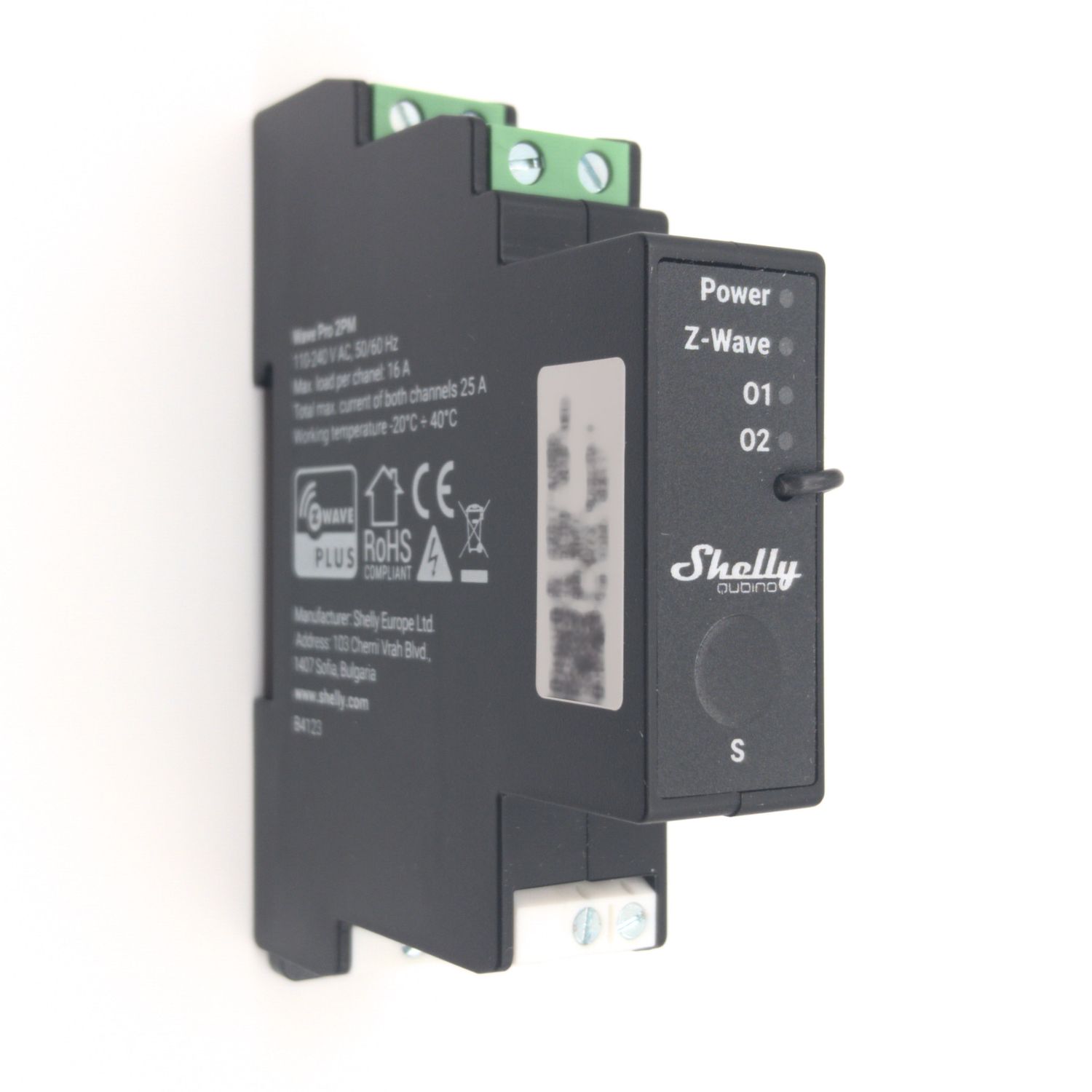 Shelly Wave Pro 2 PM- 2x16A (25A) kulutusta mittaava Z-Wave -rele DIN-kiskoon