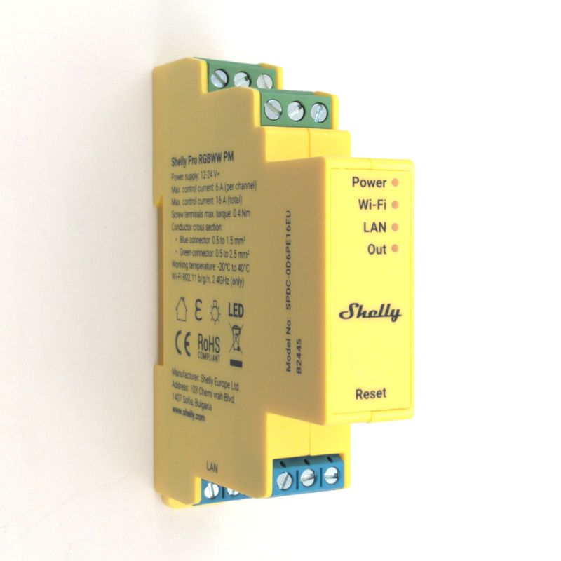Shelly Pro RGBWW PM - 5-kanavainen ohjelmoitava 12/24V WiFi/Ethernet LED-kontrolleri energiamittauksella DIN-kiskoon