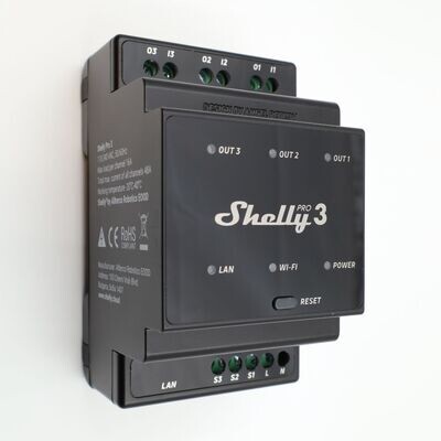 Shelly Pro 3 - 3x16A (48A) potentiaalivapaa ohjelmoitava WiFi / Ethernet-rele DIN-kiskoon