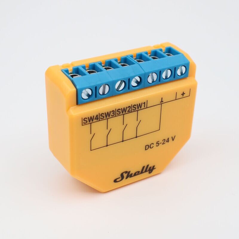 Shelly Plus i4 DC - 4-kanavainen ohjelmoitava Wifi-liitännäinen DC-lukulaite rasia/painikeasennukseen