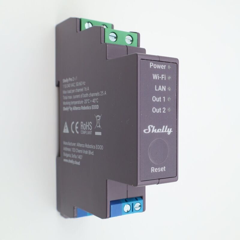 Shelly Pro 2 V1 - 2x16A (25A) potentiaalivapaa ohjelmoitava WiFi / Ethernet-rele DIN-kiskoon