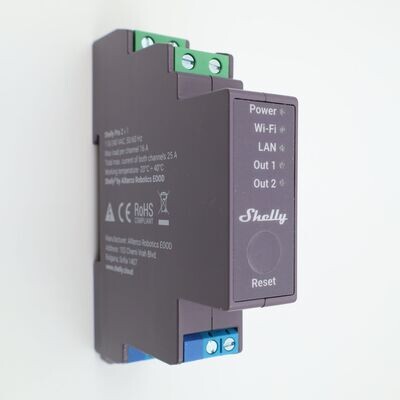 Shelly Pro 2 V1 - 2x16A (25A) potentiaalivapaa ohjelmoitava WiFi / Ethernet-rele DIN-kiskoon