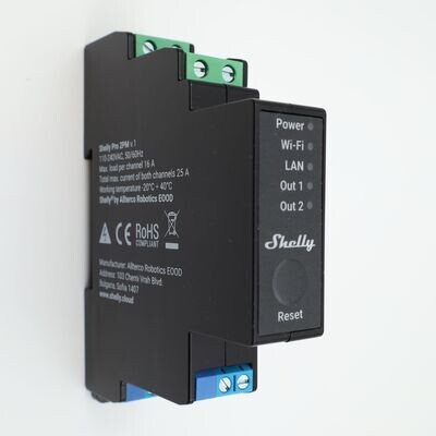 Shelly Pro 2PM V1 - 2x16A (25A) mittaava ja ohjelmoitava WiFi / Ethernet-rele DIN-kiskoon