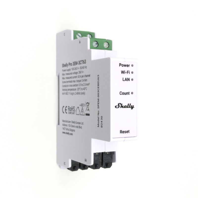Shelly Pro 3EM 3CT63 - 3x63A ohjelmoitava 3-vaihe WiFi / Ethernet -energiamittari kompaktilla virta-anturilla DIN-kiskoon
