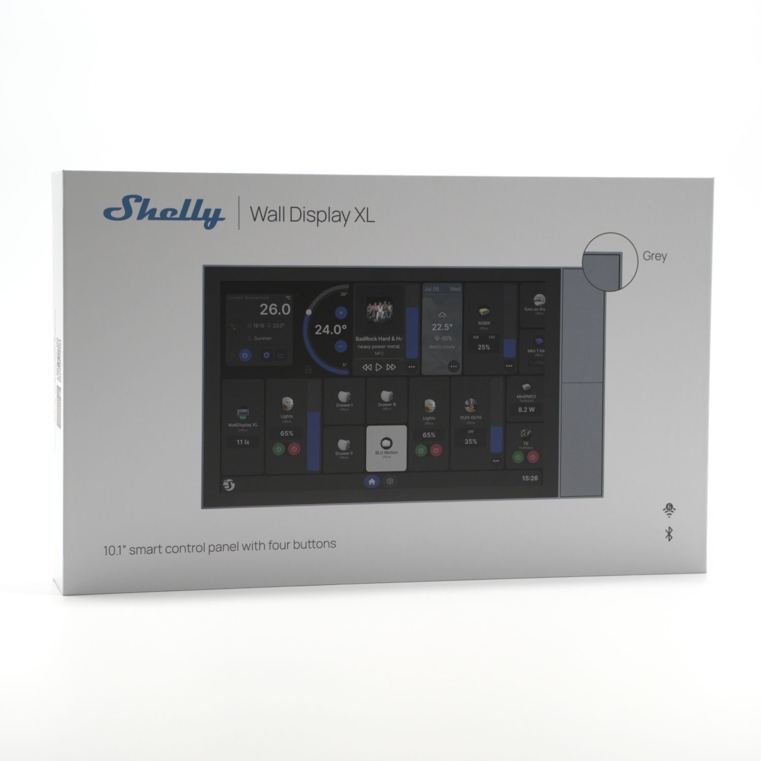 Shelly Wall Display XL - hopeanharmaa 10,1" kosketusnäytöllinen hallintapaneeli neljällä painonapilla Shellyjen ohjaukseen ja Home Assistant -integraatioon