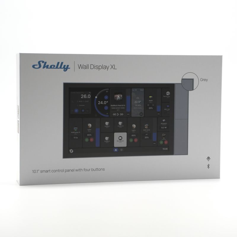 Shelly Wall Display XL - hopeanharmaa 10,1" kosketusnäytöllinen hallintapaneeli neljällä painonapilla Shellyjen ohjaukseen ja Home Assistant -integraatioon