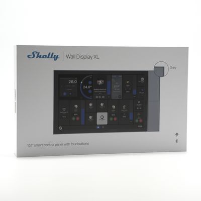Shelly Wall Display XL - hopeanharmaa 10,1" kosketusnäytöllinen hallintapaneeli neljällä painonapilla Shellyjen ohjaukseen ja Home Assistant -integraatioon