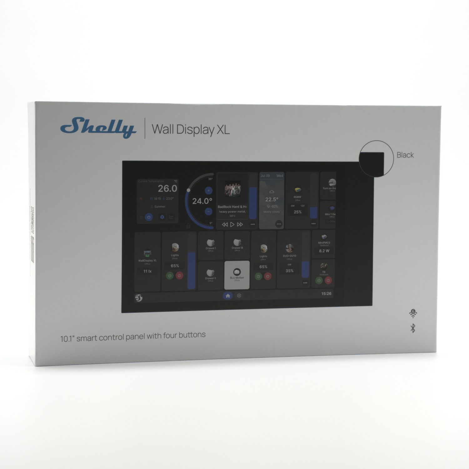 Shelly Wall Display XL - musta 10,1" kosketusnäytöllinen hallintapaneeli neljällä painonapilla Shellyjen ohjaukseen ja Home Assistant -integraatioon