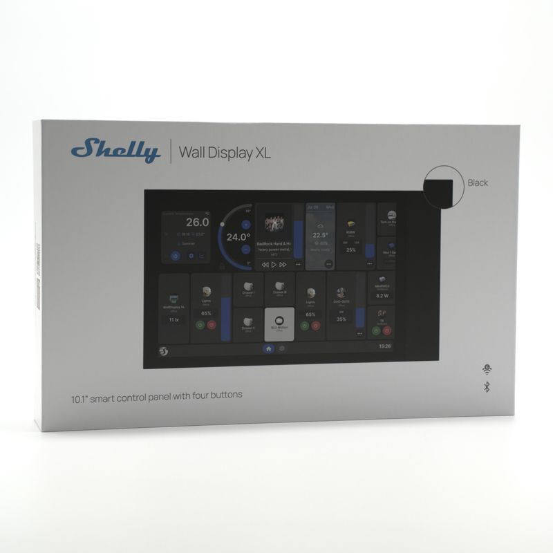 Shelly Wall Display XL - musta 10,1" kosketusnäytöllinen hallintapaneeli neljällä painonapilla Shellyjen ohjaukseen ja Home Assistant -integraatioon