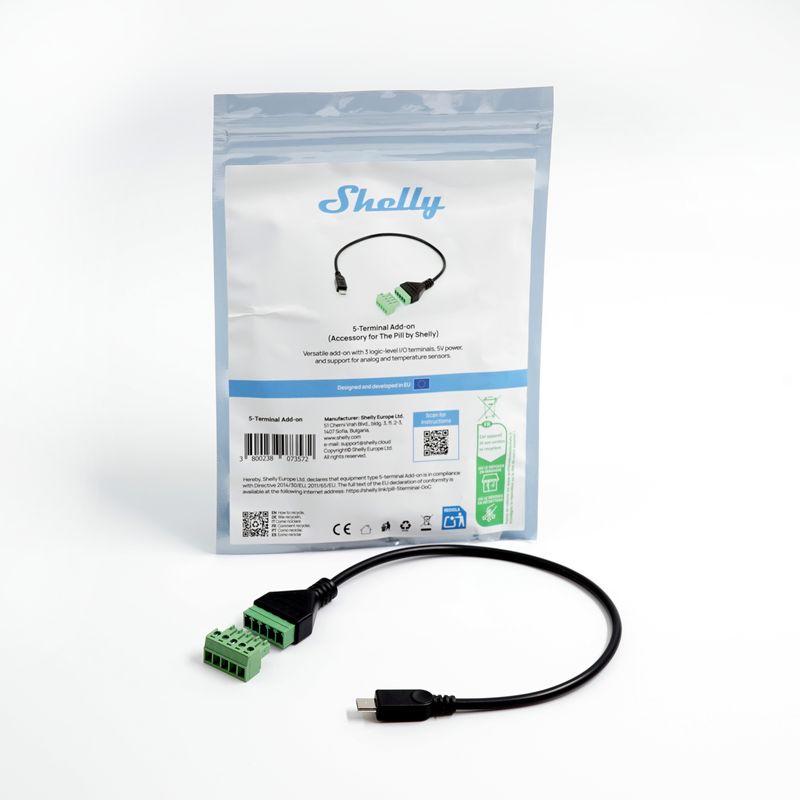 Shelly Pill 5-Terminal Add-on - I/O- ja käyttöjännitelisäosa Shelly Pill:lle