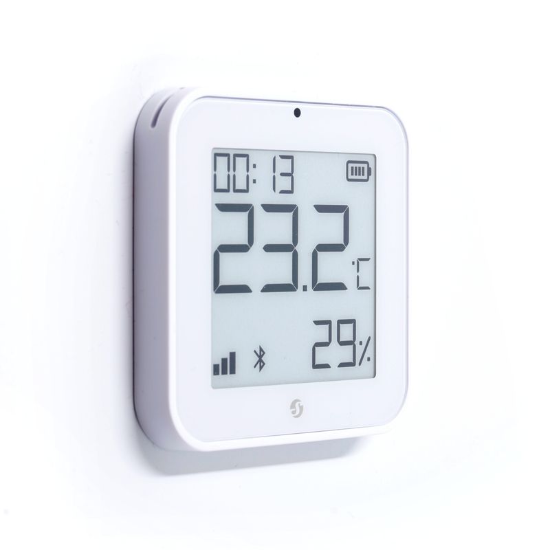 Shelly Blu H&amp;T Display ZB - näytöllinen valkoinen Bluetooth ja Zigbee -liitännäinen lämpötila- ja kosteusanturi