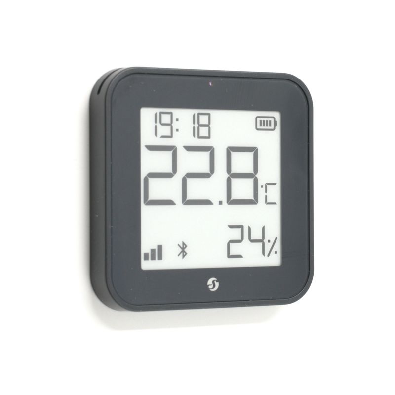 Shelly Blu H&amp;T Display ZB - näytöllinen musta Bluetooth ja Zigbee -liitännäinen lämpötila- ja kosteusanturi