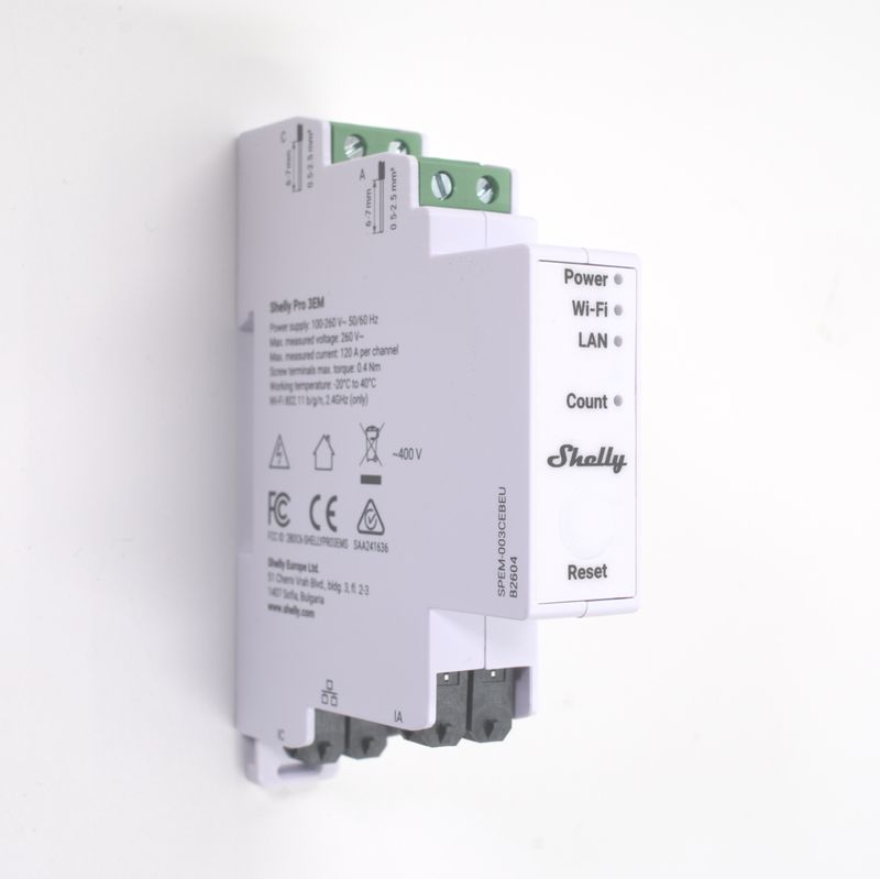 Shelly Pro 3EM V2 - 3x120A ohjelmoitava 3-vaihe WiFi / Ethernet -energiamittari Matter-tuella DIN-kiskoon