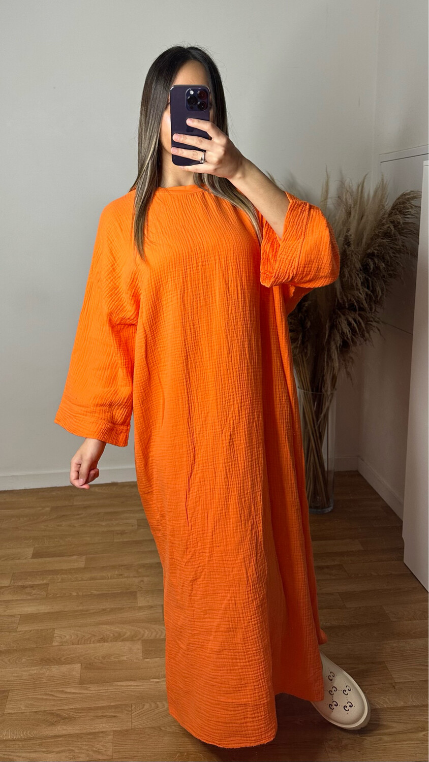 ROBE MANCHE MI LONGUE GAZ DE COTON ORANGE