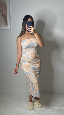ROBE BUSTIER DRAPÉ BLEU/BEIGE
