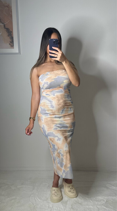 ROBE BUSTIER DRAPÉ BLEU/BEIGE