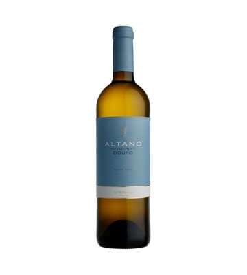 Garrafa clássica do Vinho Branco Altano Branco com rótulo branco e detalhes em azul e dourado, exibindo o nome da marca e a região de origem (Douro).