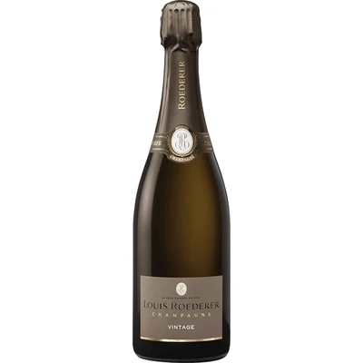 Uma foto atraente da garrafa de Champagne Louis Roederer Brut Vintage, destacando a marca e o estilo vintage. 