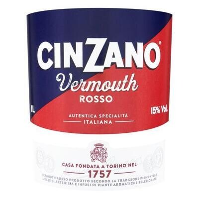 Garrafa retangular de vermute Cinzano Rosso, com líquido vermelho e tampa prateada.