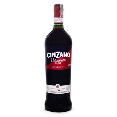 Garrafa retangular de vermute Cinzano Rosso, com líquido vermelho e tampa prateada.