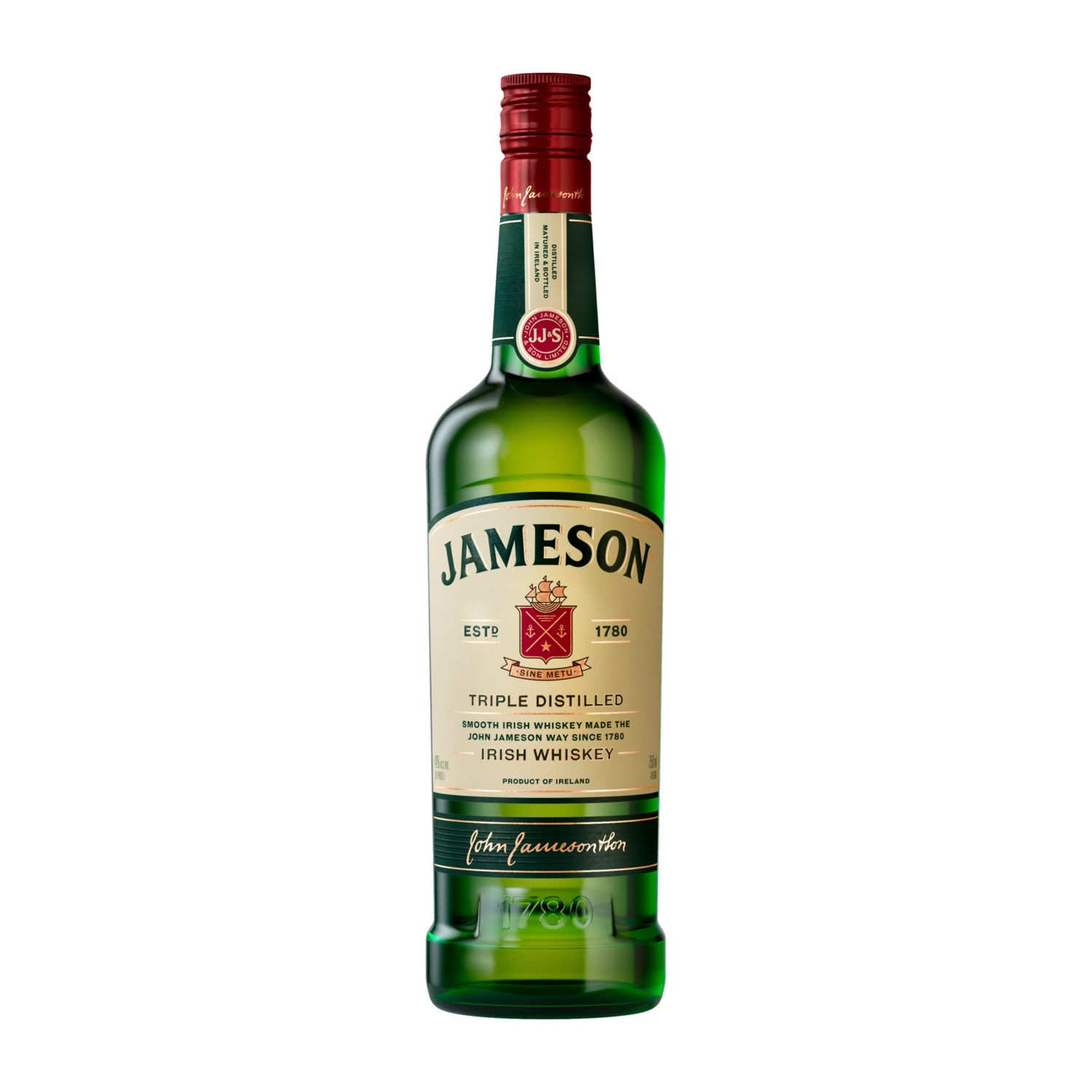 Imagem de uma garrafa verde esmeralda de Jameson Irish Whiskey, com o logotipo da marca Jameson em dourado e a inscrição "Irish Whiskey" em branco.