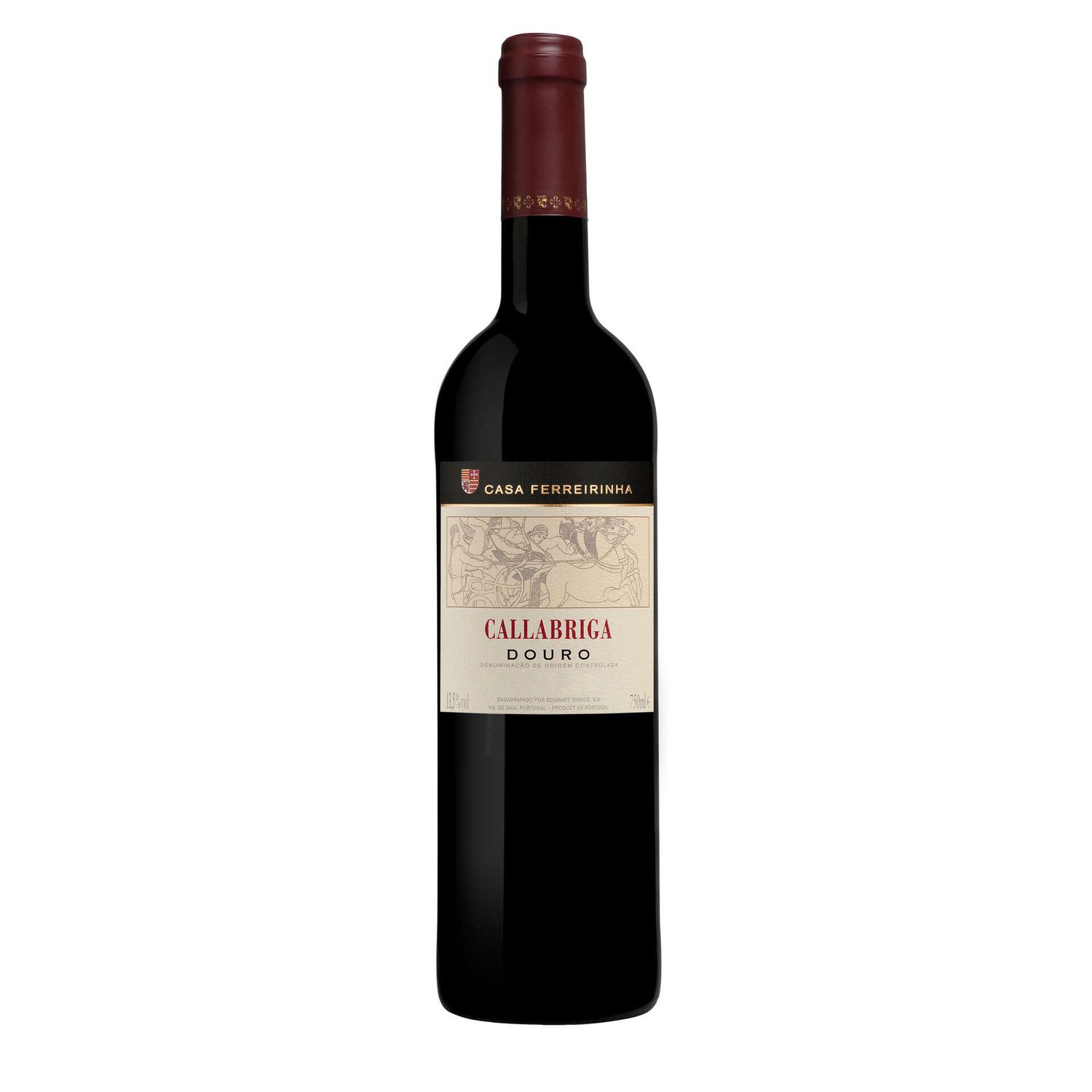 Garrafa do vinho tinto Callabriga DOC Douro com rótulo bordeaux e dourado, apresentando o nome do vinho, a região do Douro e a vinícola Casa Ferreirinha.