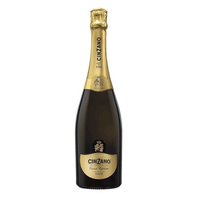 Garrafa de espumante Cinzano Gran Dolce com luzes festivas ao fundo.