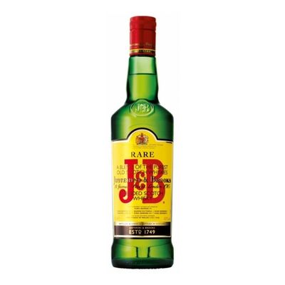 Uma elegante garrafa de J&B Rare Blended Scotch Whisky, destacando o rótulo dourado e o líquido âmbar.