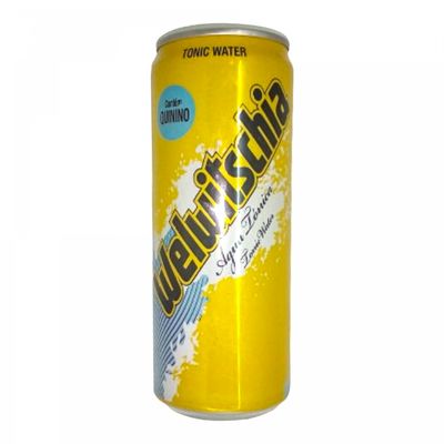 Latas de Welwitschia Água Tônica de 330ml, com a cor azul característica da marca e o logotipo da Welwitschia.