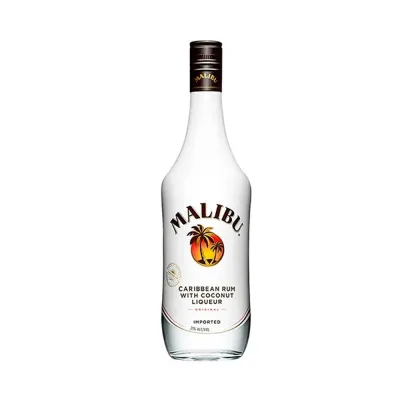 Malibu Rum Original Uma garrafa elegante de Malibu Original Caribbean Rum, destacando a cor dourada clara e o coco tropical.