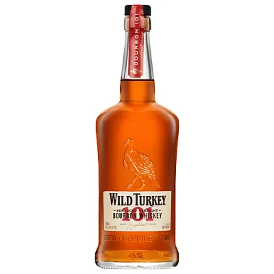  Uma garrafa elegante de Wild Turkey 101 Rye, com seu rótulo icônico e tom âmbar escuro.