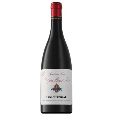Uma garrafa elegante de Boschendal Heritage Elgin Pinot Noir, com seu rótulo sofisticado e cor rubi translúcida