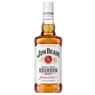 Uma garrafa de Jim Beam White Label Bourbon, com seu rótulo icônico e cor âmbar.