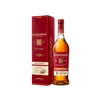Garrafa de Whisky Glenmorangie Lasanta 12 Anos, com detalhes elegantes em tons de vermelho e dourado.