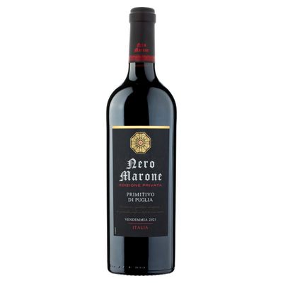 Garrafa de Nero Marone Edizione Privata Primitivo di Puglia IGT com rótulo luxuoso e refinado.