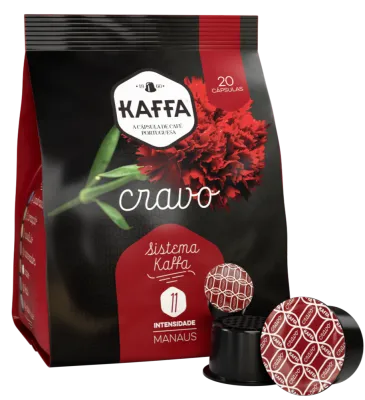 Caixa de cápsulas Kaffa Cravo Intensidade 11 com 20 unidades, destacando o design sofisticado da embalagem.