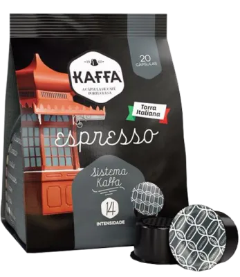 Caixa de cápsulas de café Kaffa Espresso Intensidade 14 com 20 unidades.
