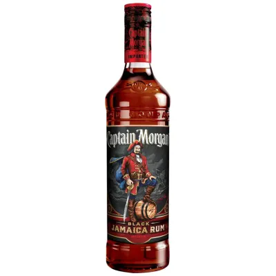 Captain Morgan Black Jamaica Rum Garrafa de Captain Morgan Black Jamaica Rum, com rótulo escuro e toque vintage, destacando o rum envelhecido.